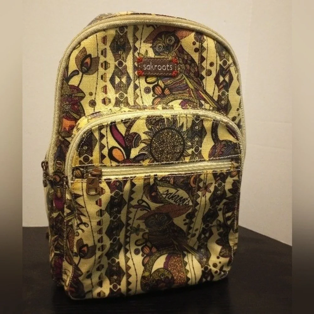 Sakroots Backpack Small Tan Multi Owl Floral Festival Everyday Cute Bag